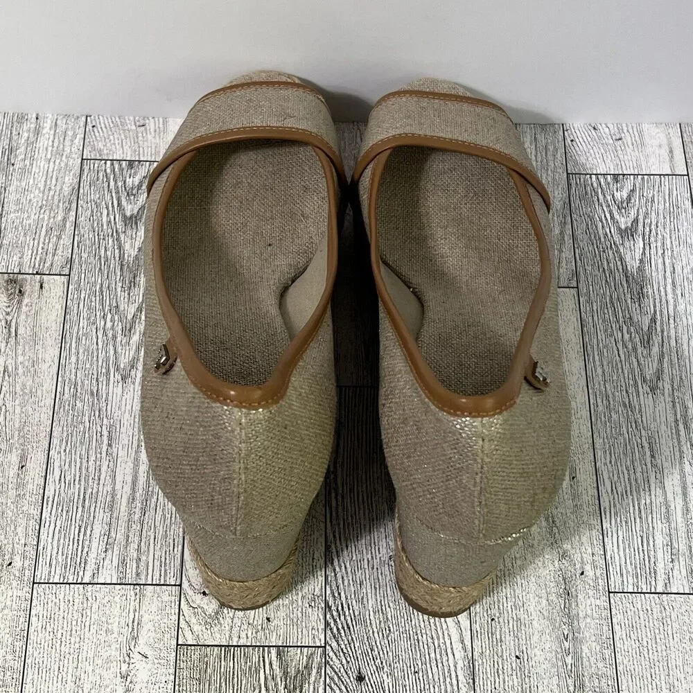 Tory Burch Beige and Brown Espadrille Wedge Peep-Toe